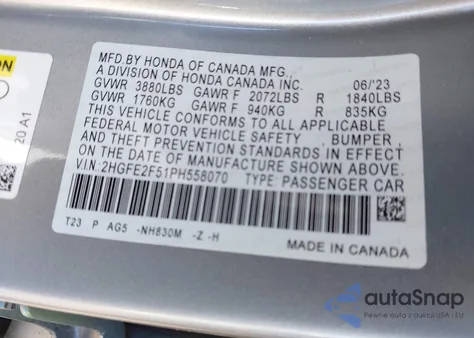 2023 Honda Civic Sport from USA, damaged, VIN 2HGFE2F51PH558070